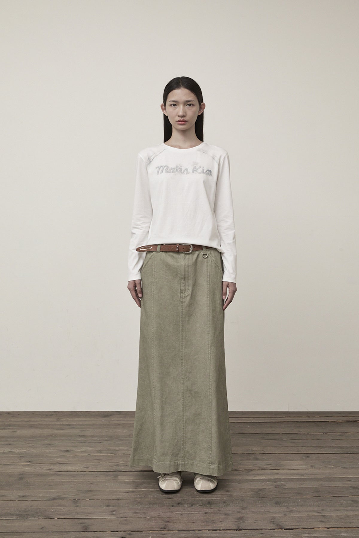 [matinkim] WASHED MERMAID LONG SKIRT IN LIGHT KHAKI