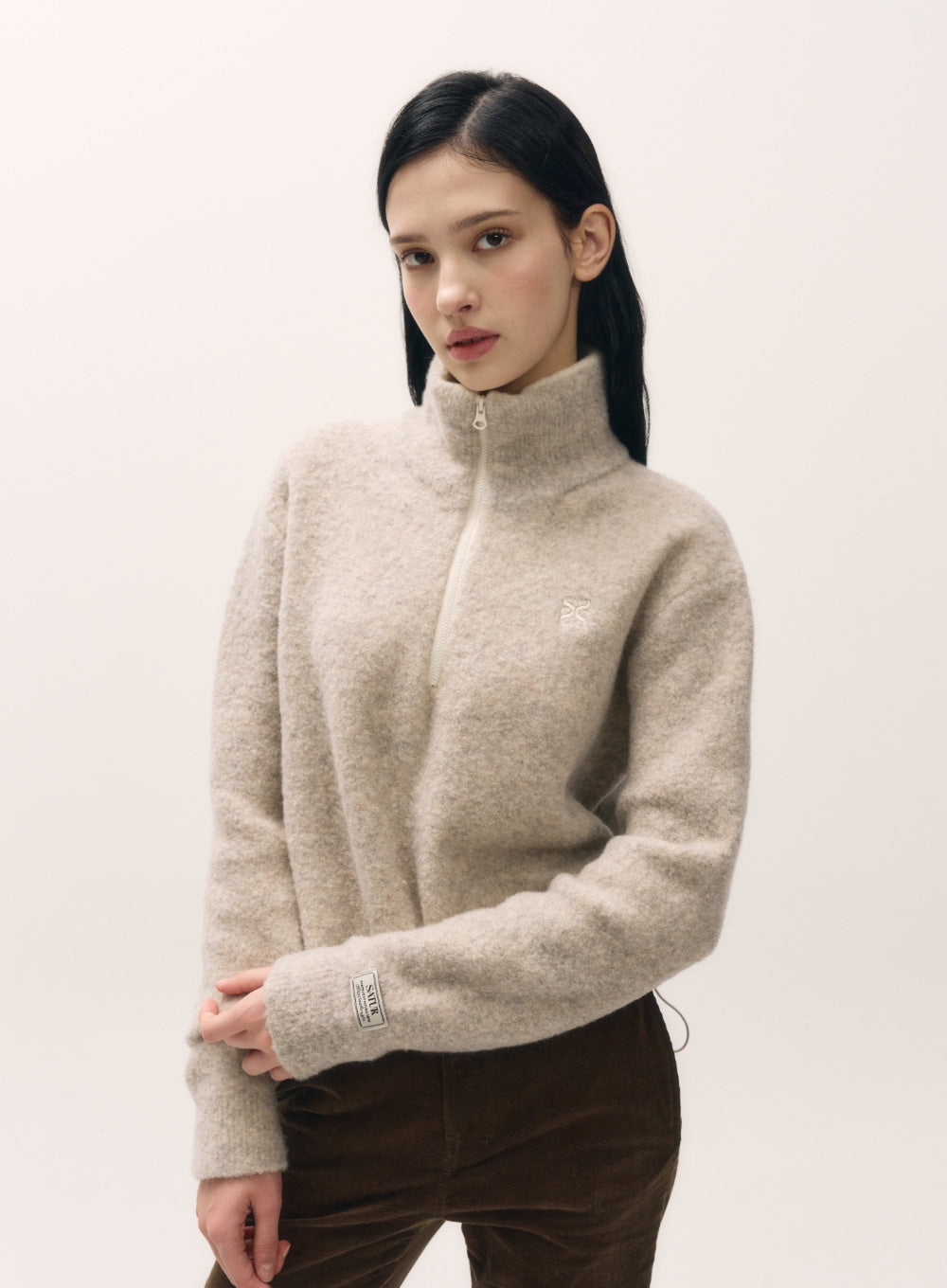 [satur] (W) Crop Half Neck Fleece Knit Zip-up - Oatmeal