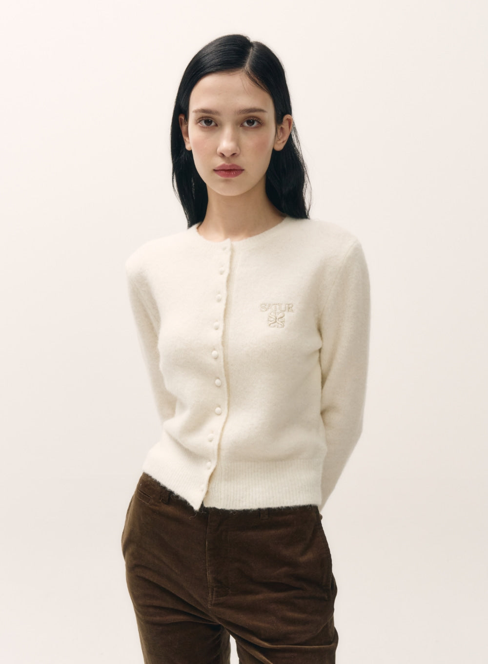 [satur] (W) Loren Wool Blend Crew Neck Knit Cardigan - White
