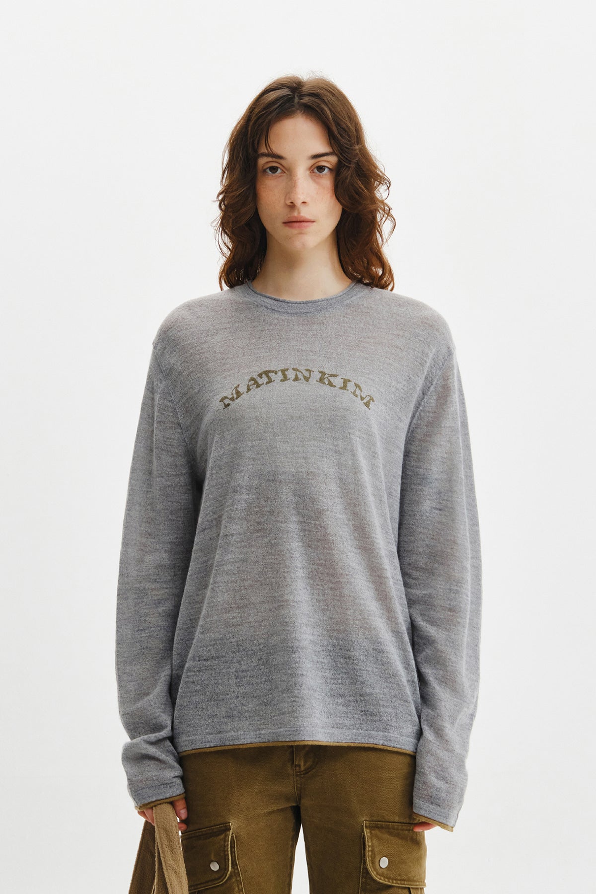 Matinkim Matin Sleeve Graphic Sheer Knit Pullover IN Grey