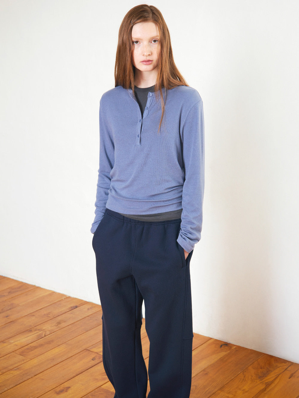 Low Classic Henry Neck Wool Jersey Warm T-Shirt Blue