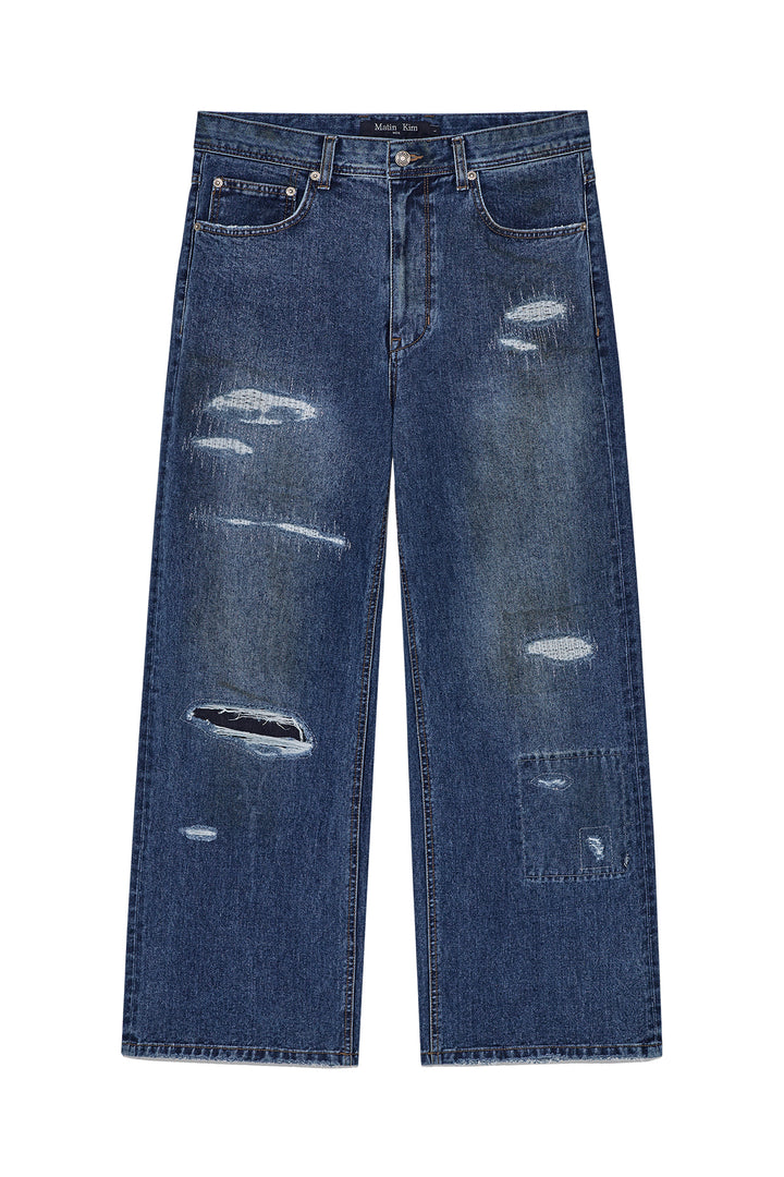 Matinkim Destroyed Vintage Wide Denim Pants For Men IN Blue