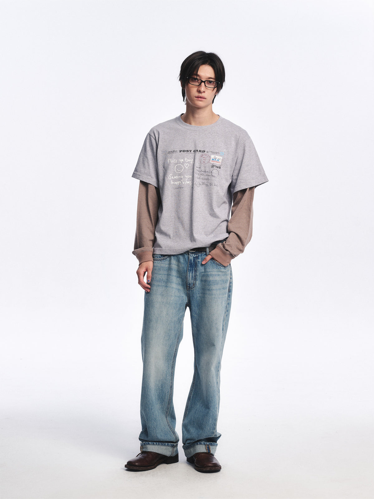 Low Classic Postcard Layered Tee Melange Grey