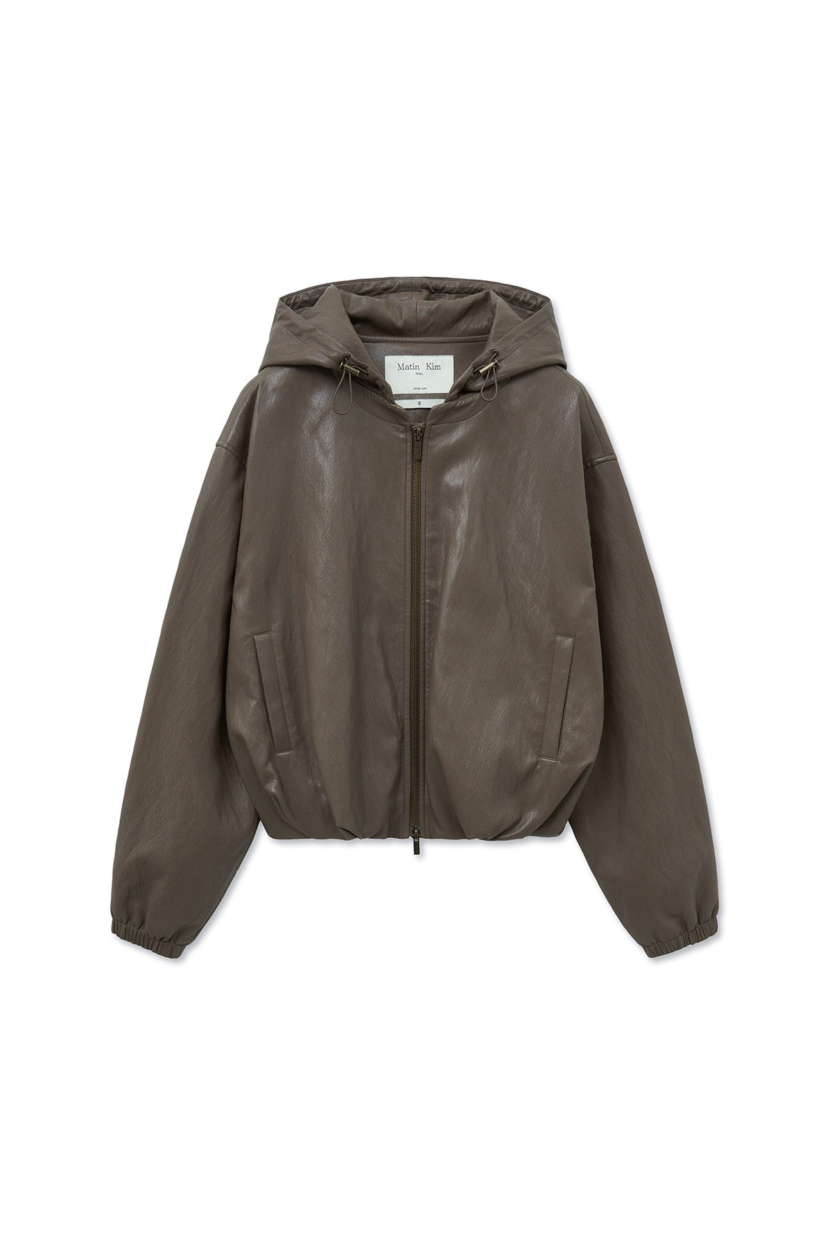 [matinkim] FAUX LEATHER HOODY CROP JUMPER IN BROWN