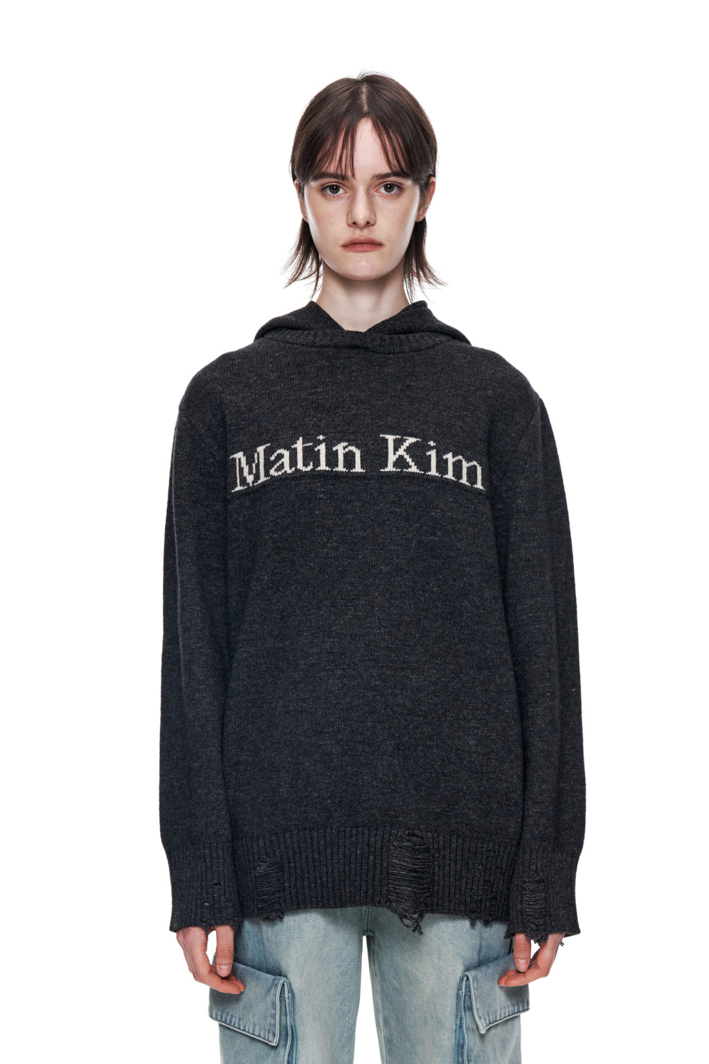 [matinkim] DAMAGE LOGO KNIT HOODIE IN CHARCOAL