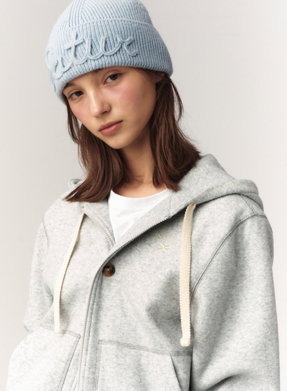 [satur] (W) Teo Brushed Fleece Hood Zip-up - Melange Gray