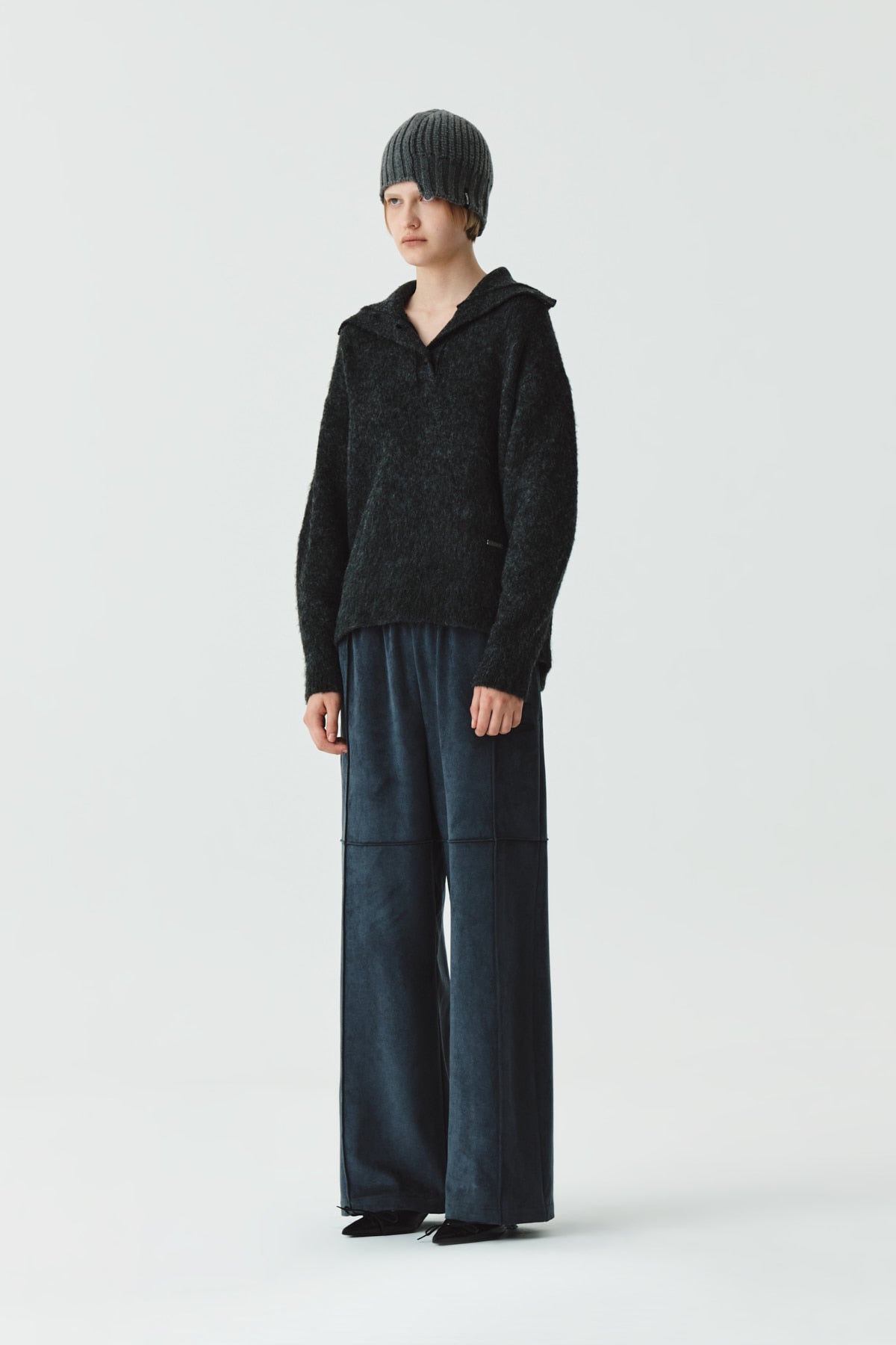 Matinkim Button High Neck Alpaca Blend Sweater IN Charcoal