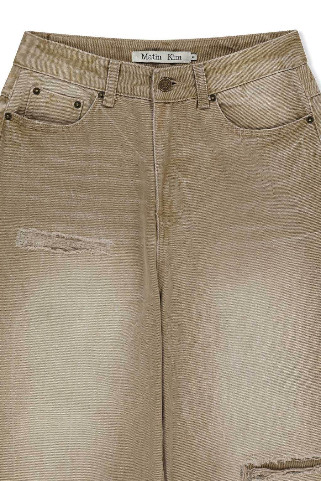 Matinkim Back Logo Washed Denim Pants IN Beige