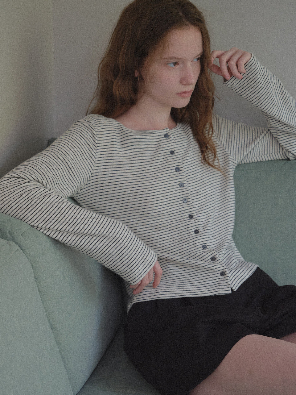 Tillidie Angora blended stripe cardigan Oatmeal