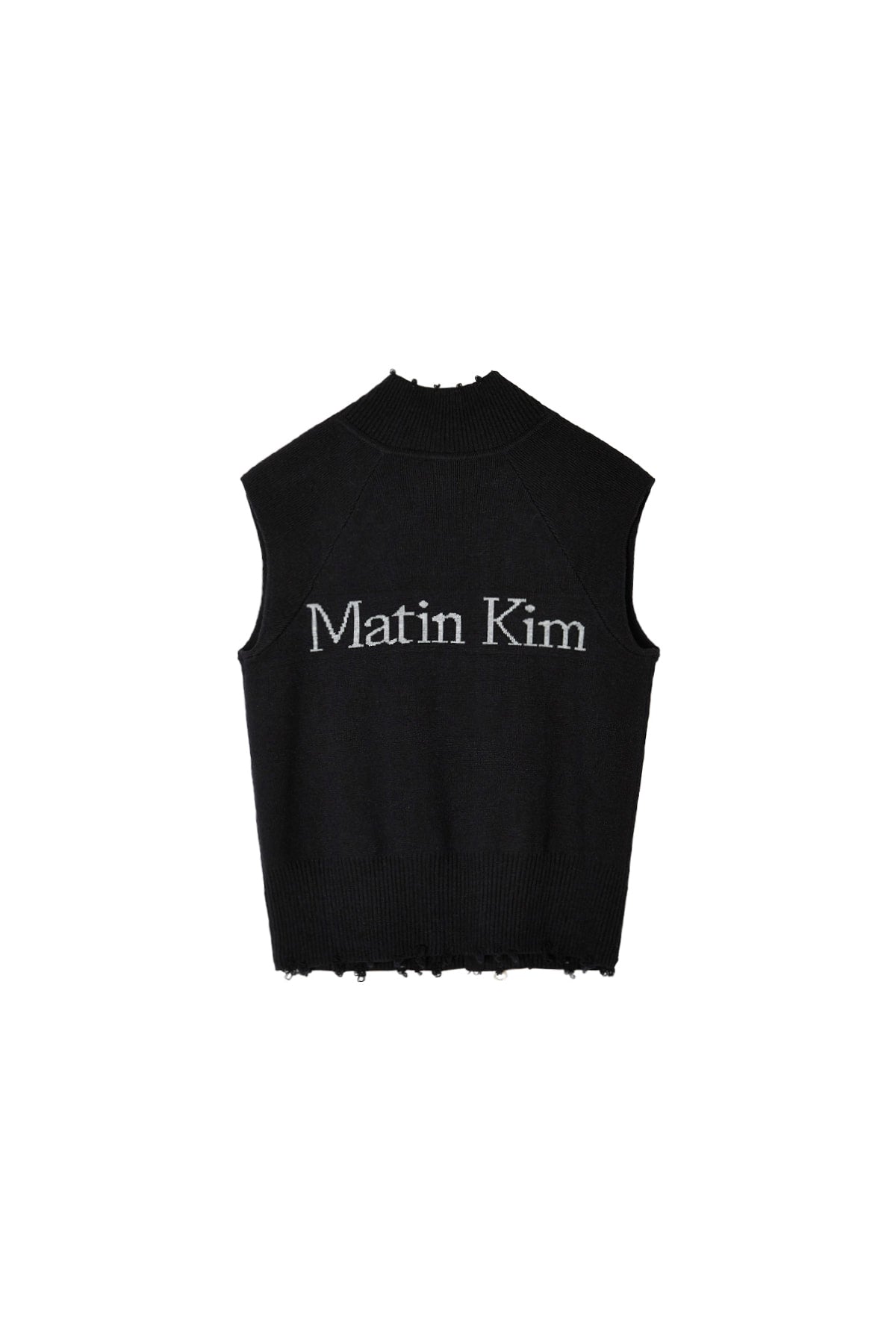 [matinkim] HIGH NECK LOGO KNIT ZIP UP VEST IN BLACK