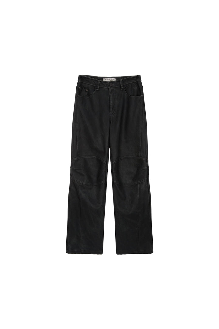 Matinkim Biker Detail Washed Leather Pants IN Khaki
