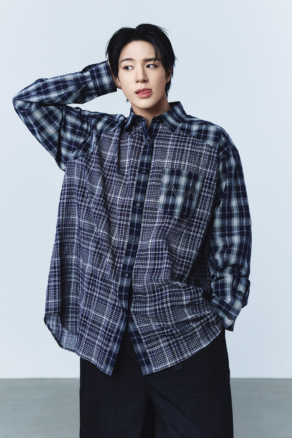 Matinkim Mixed Check Over Fit Shirt IN Navy
