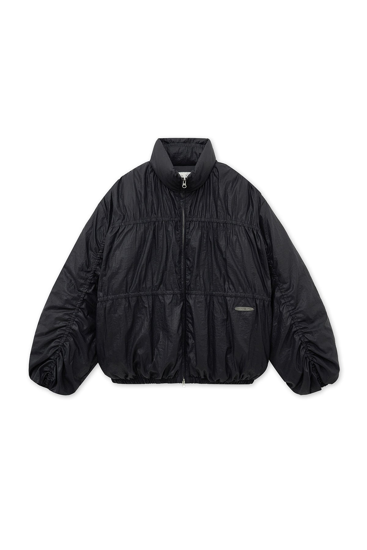 [matinkim] HIGH NECK SHIRRING DOWN JUMPER IN BLACK