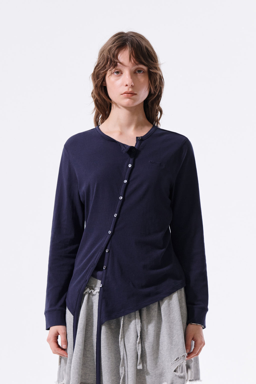 [matinkim] Asymmetric Button Closure Top IN Navy