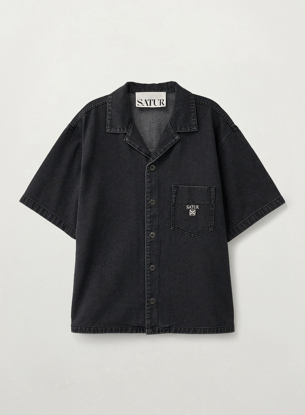 Satur Open Collar Half Denim Shirt - Black