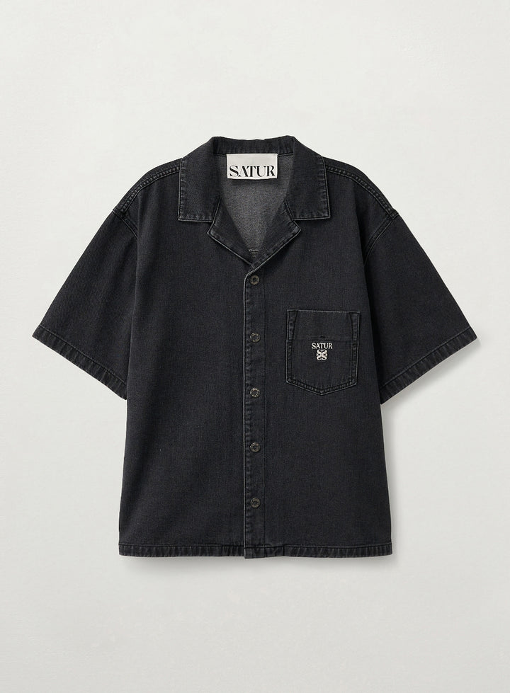 Satur Open Collar Half Denim Shirt - Black