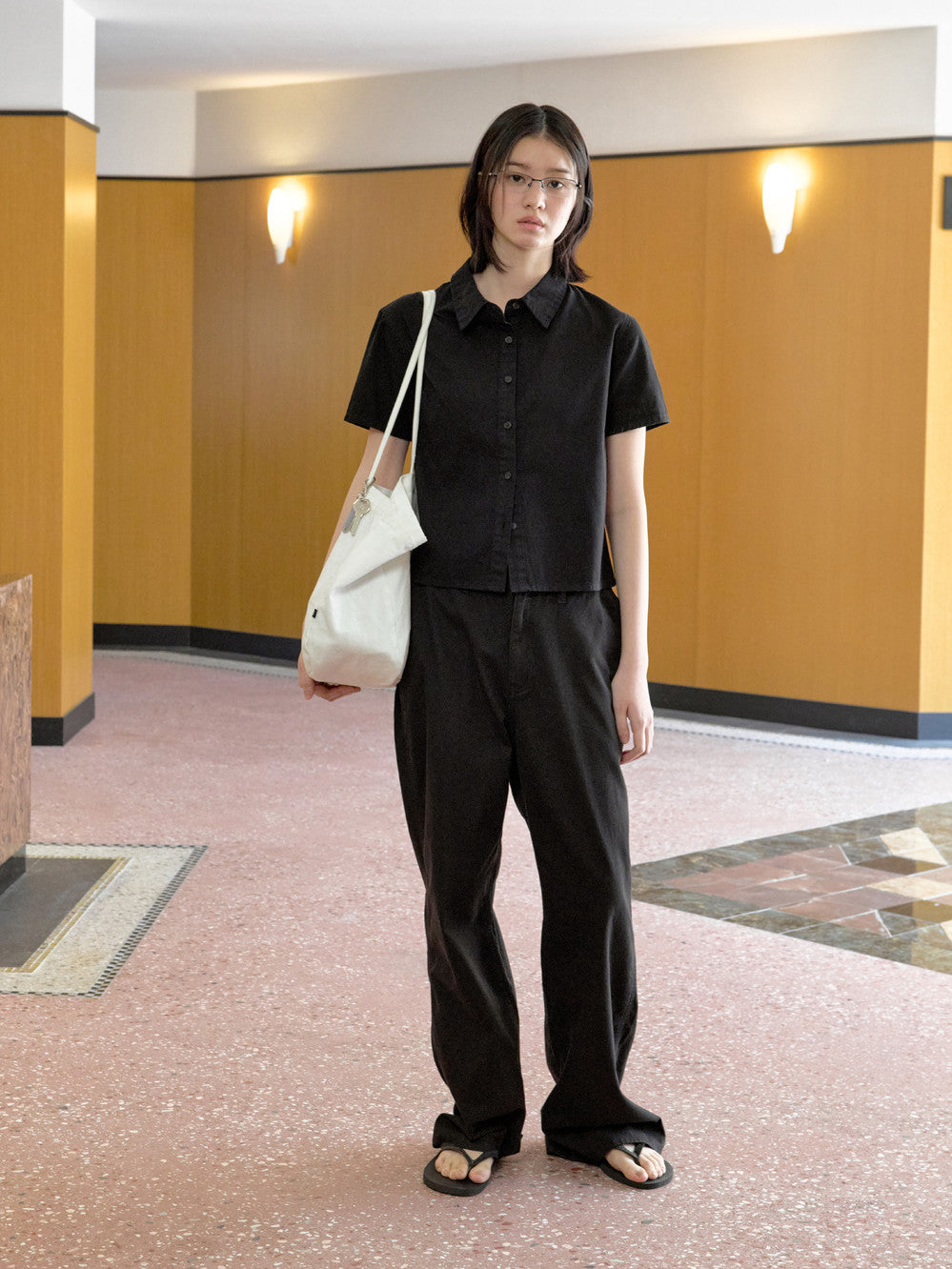 Low Classic Cotton Button 1/2 Sleeve Shirt Black