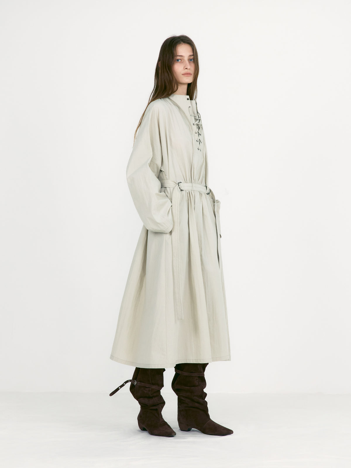 Low Classic Lace-Up Belted Dress Light Khaki