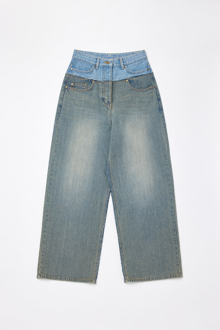 Matinkim Two Tone Deconstruct Denim Baggy Pants IN Blue