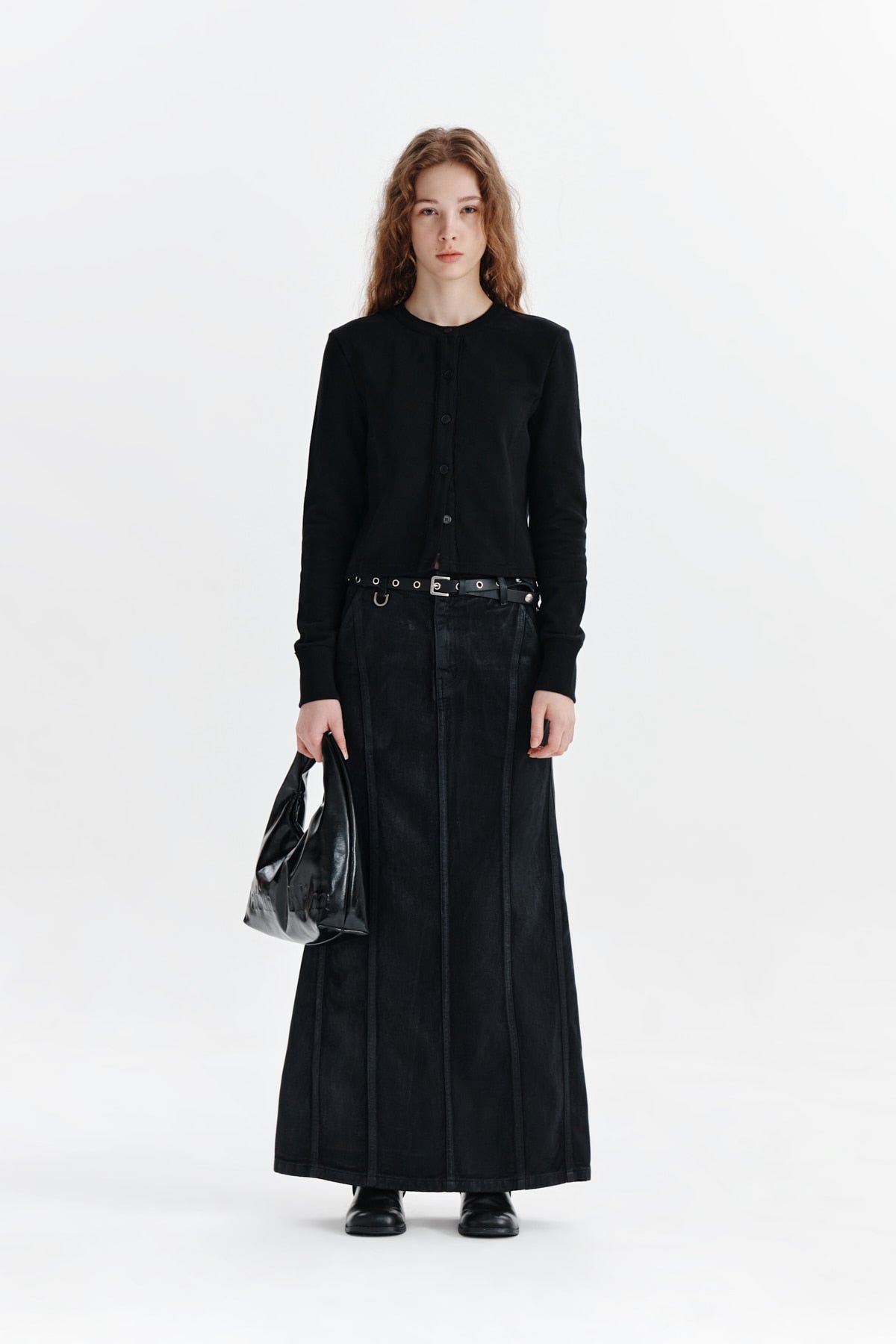 [matinkim] WAX COATING DENIM SKIRT IN BLACK