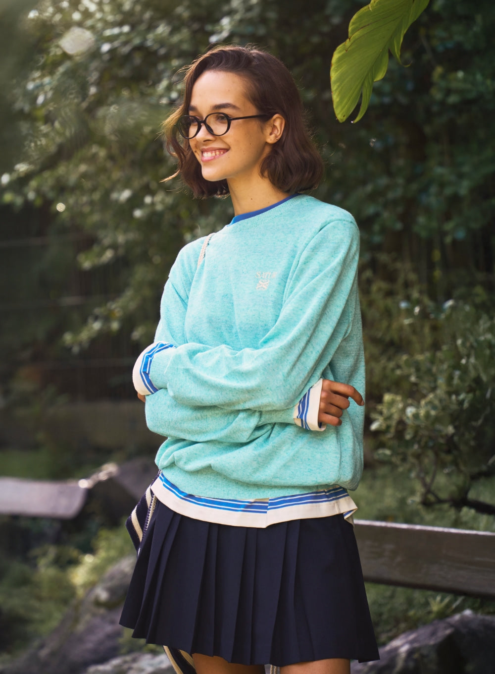 [satur] Font Embroidery Stripe Long Sleeve - Blue