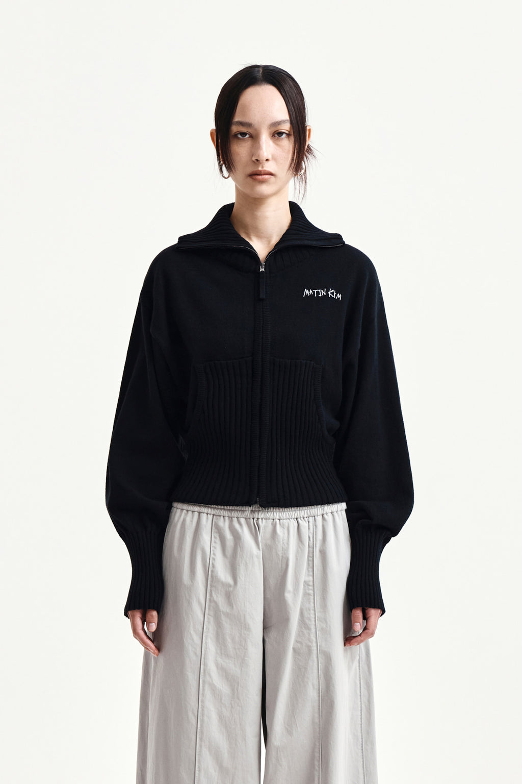 Matinkim High Neck Embroidered Logo Zip UP For Women IN Black