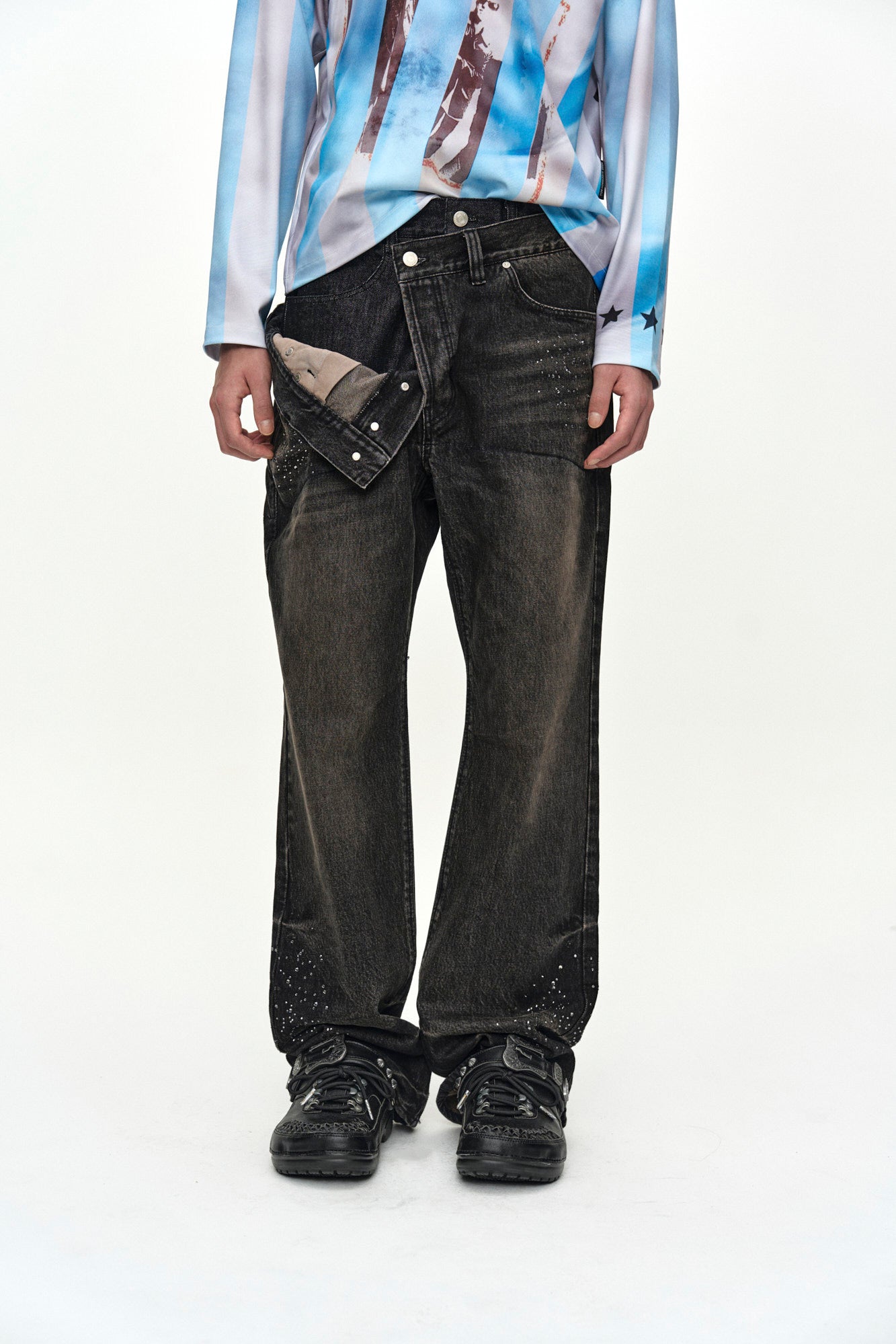 Andersson Bell Unisex Asymmetric Layered Hot-Fix Wide-Leg Jeans