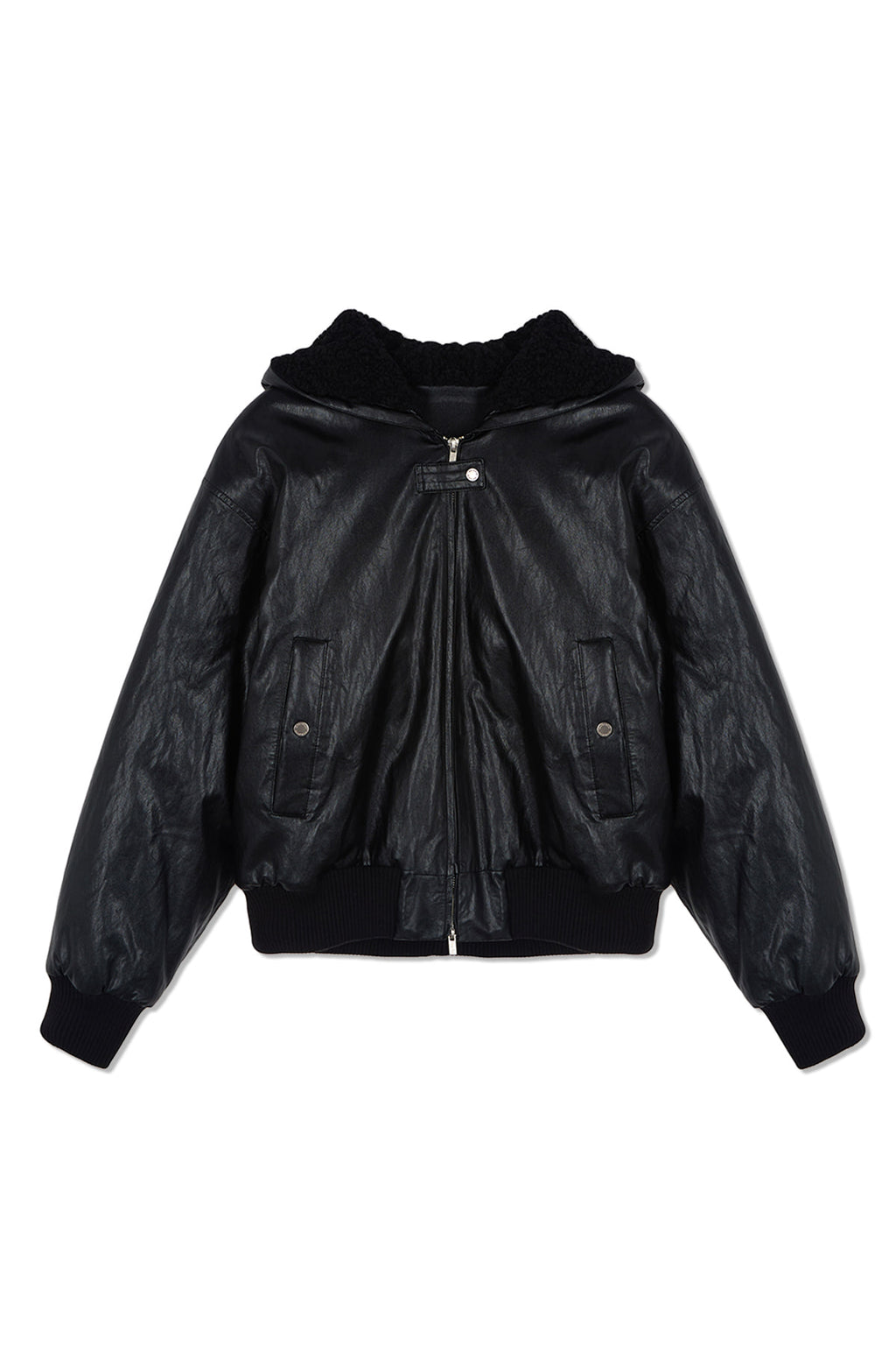 [matinkim] FAUX LEATHER ZIP UP HOODY IN BLACK