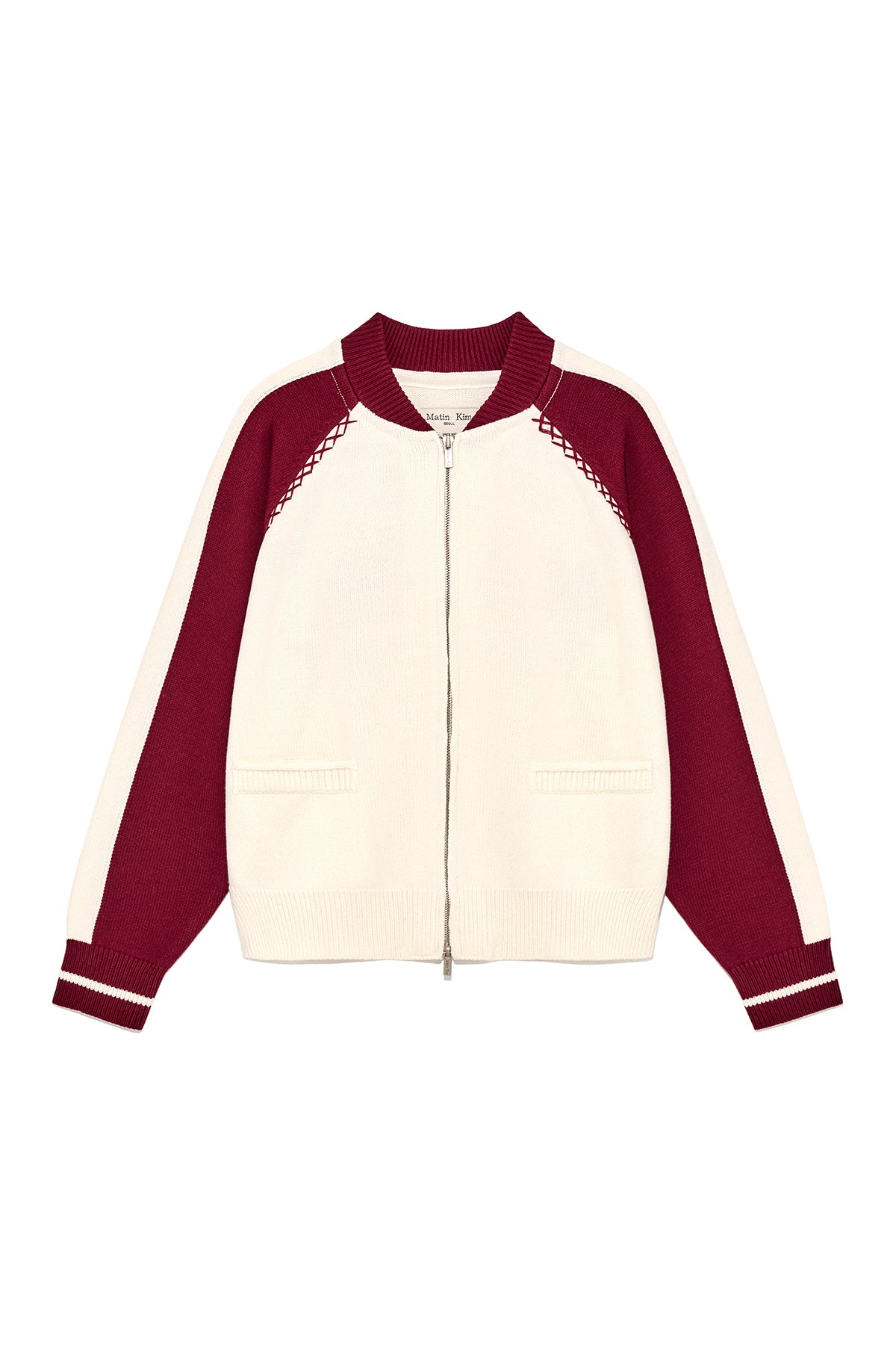 [matinkim] BACK LOGO RAGLAN KNIT ZIP UP IN IVORY