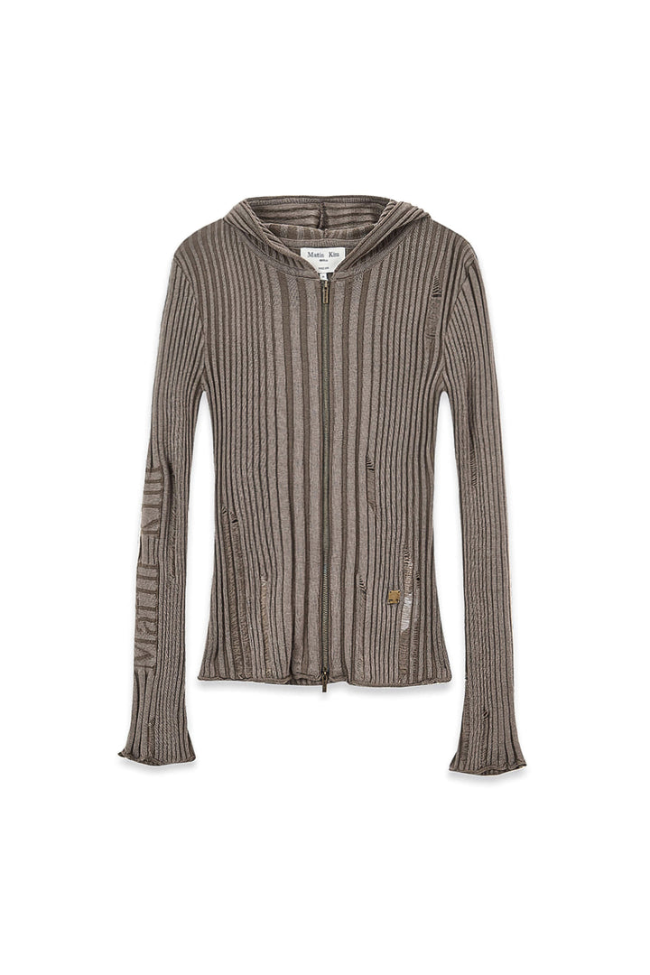 Matinkim Logo Point Damage Slim Hoody Cardigan IN Khaki Brown