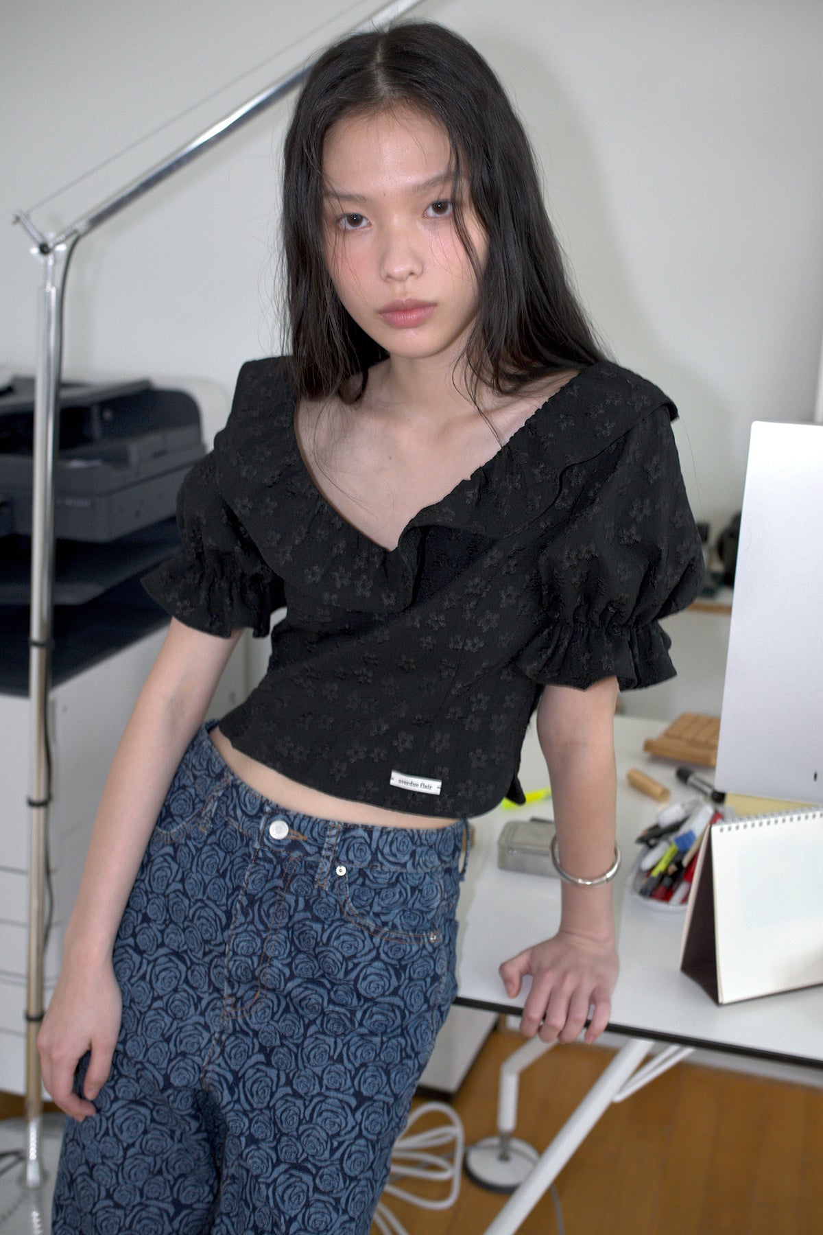 Overdueflair Ruffle Jacquard Blouse Black