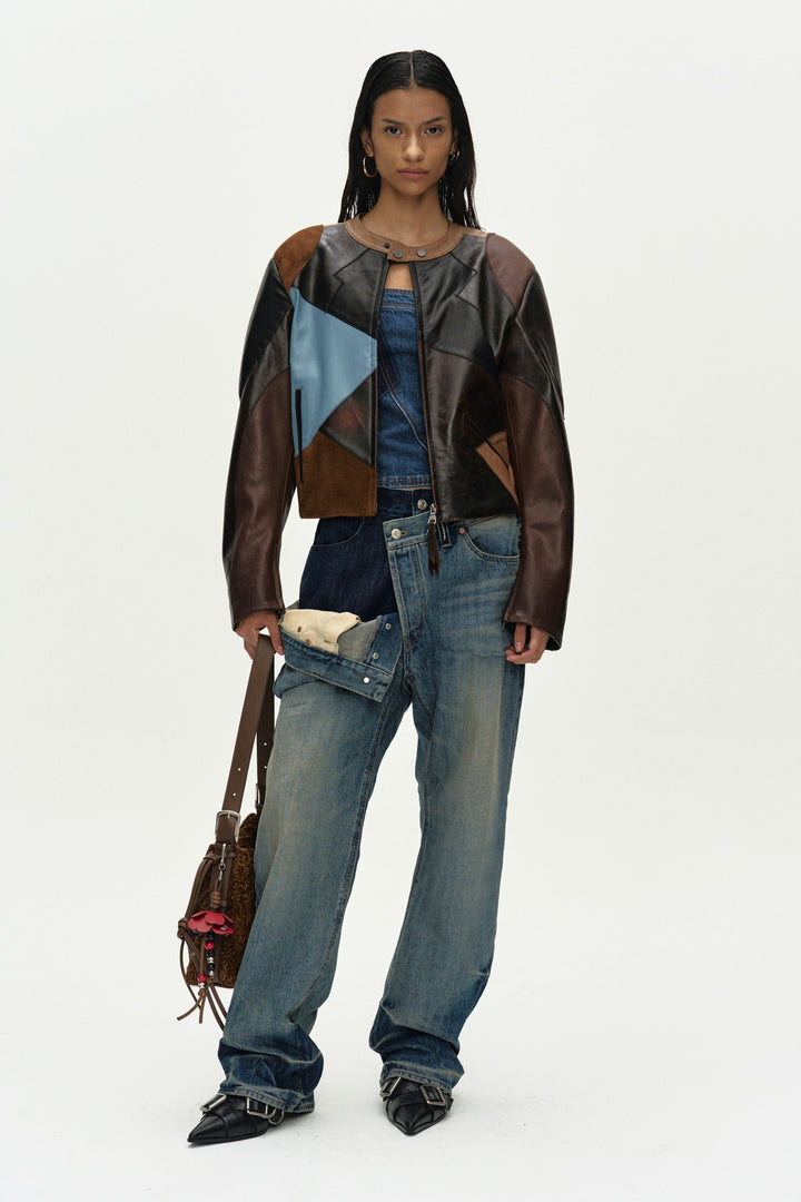 Andersson Bell Leather Patchwork Biker Jacket Brown)