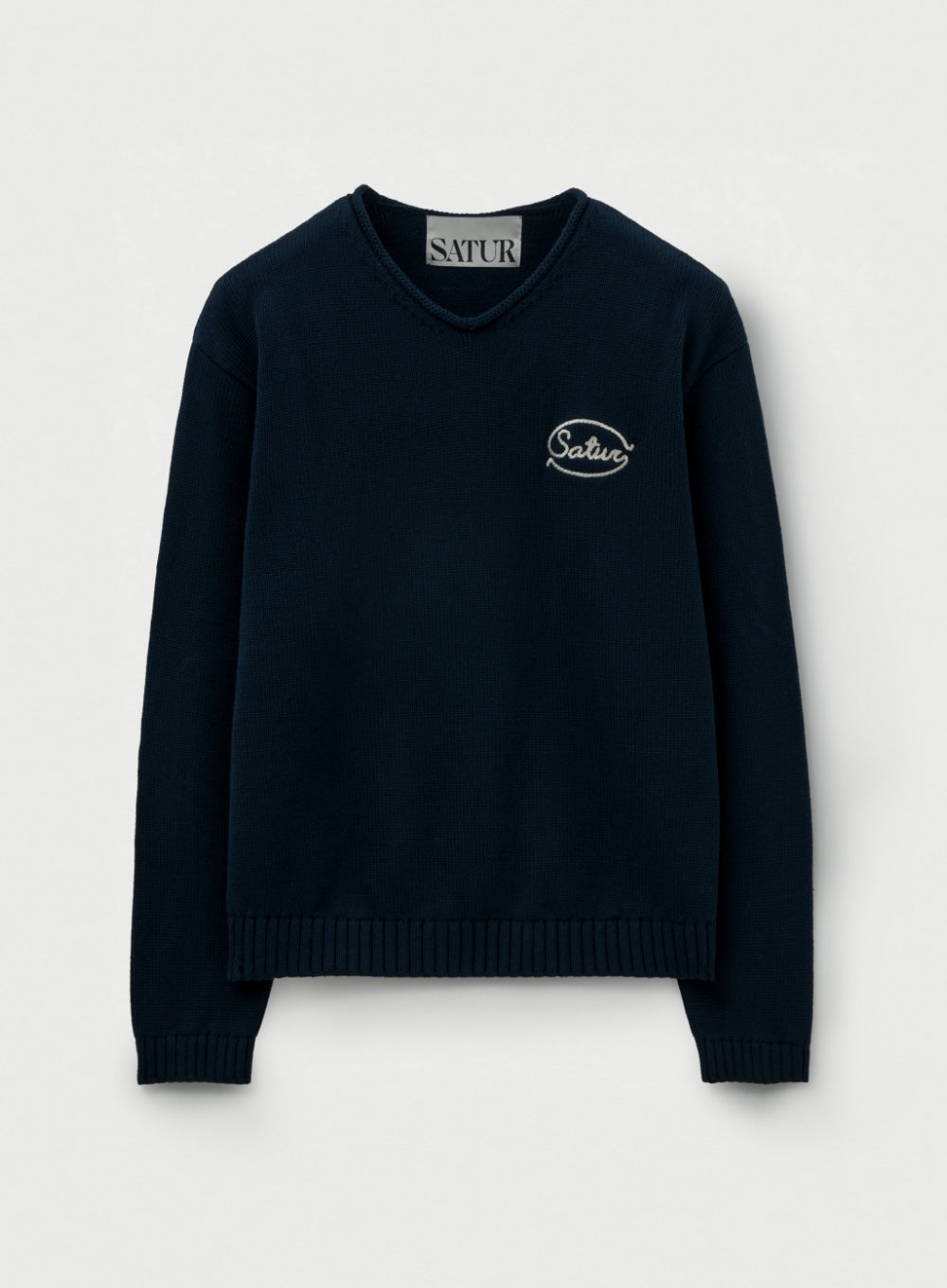 [satur] Rope Logo Embroidered V-Neck Knit - Navy