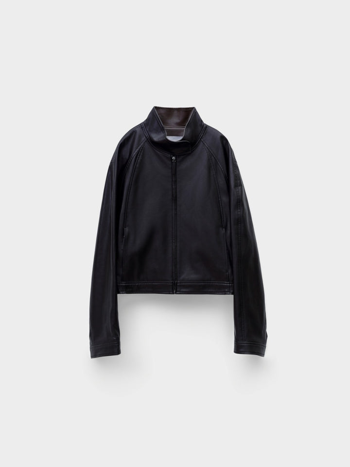 Low Classic Stand Collar Artificial Leather Jumper Black