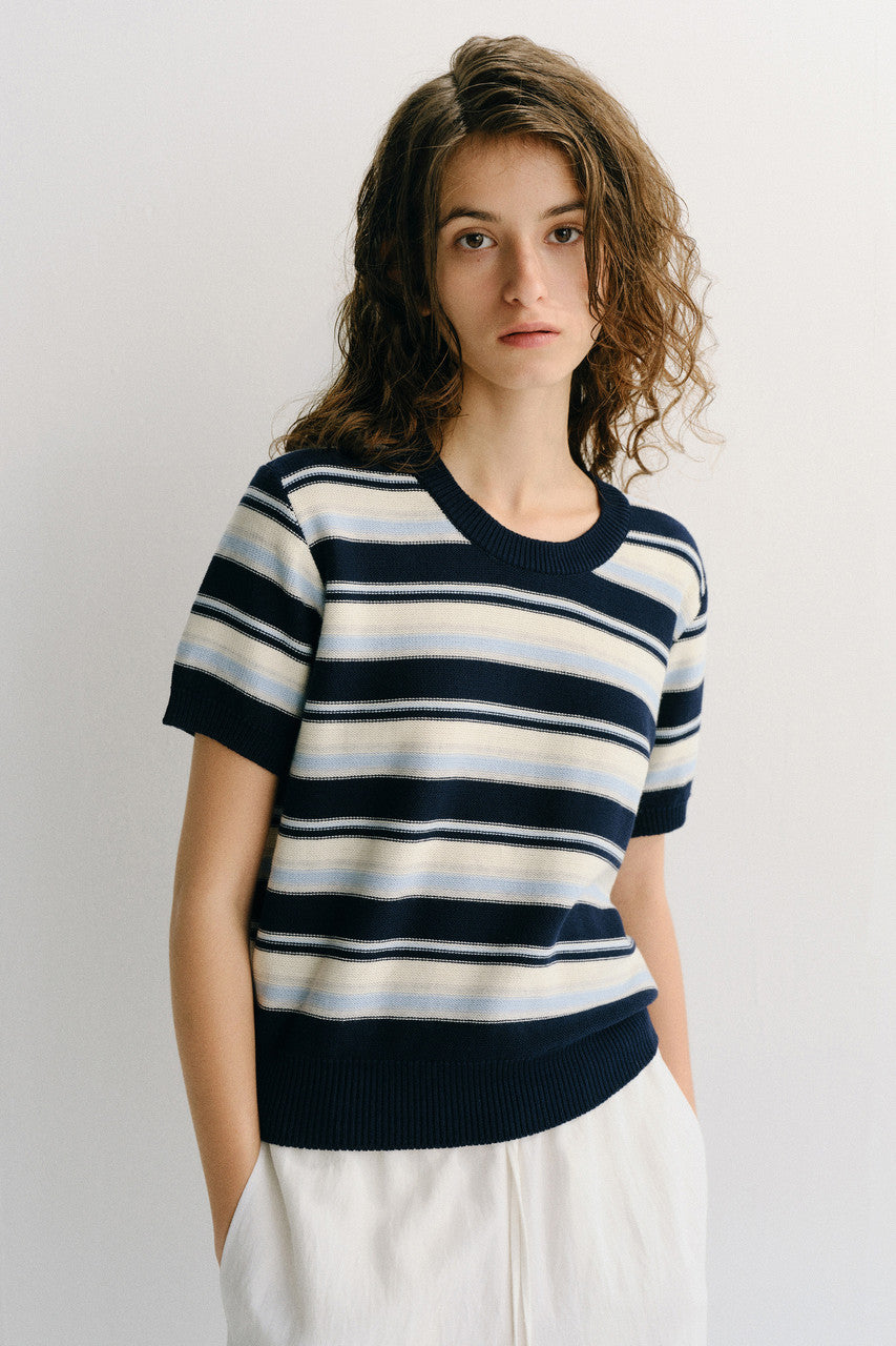 Dunst Unisex Striped Crewneck Knit Navy Cream