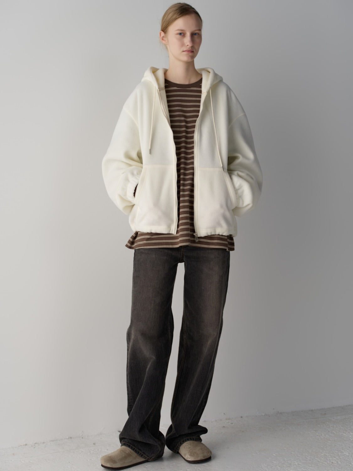Facade Pattern Wool Fleece Zip-Up Hoodie ivory