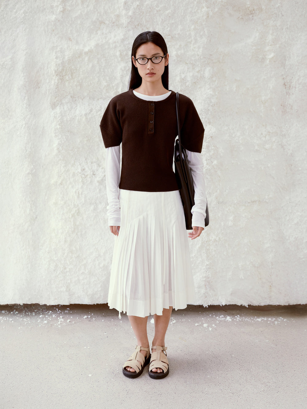 Low Classic Puff Sleeve Henry Neck Knit Top Brown