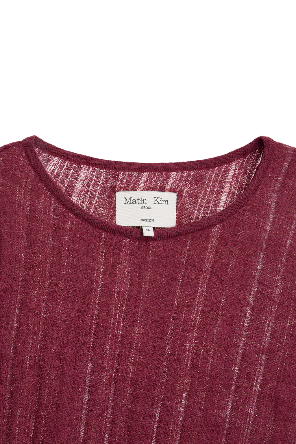 [matinkim] DIAGONAL TEXTURE KNIT TOP IN BURGUNDY