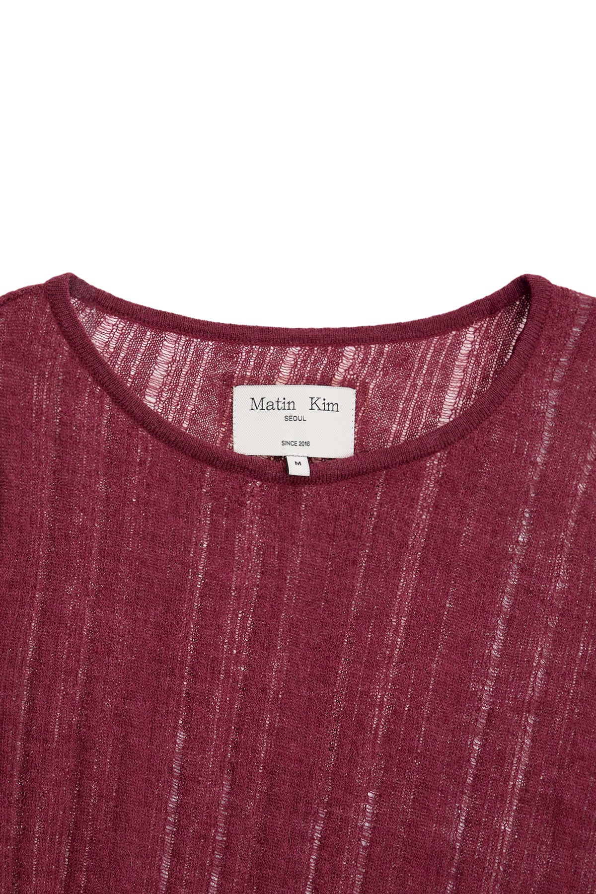 [matinkim] DIAGONAL TEXTURE KNIT TOP IN BURGUNDY