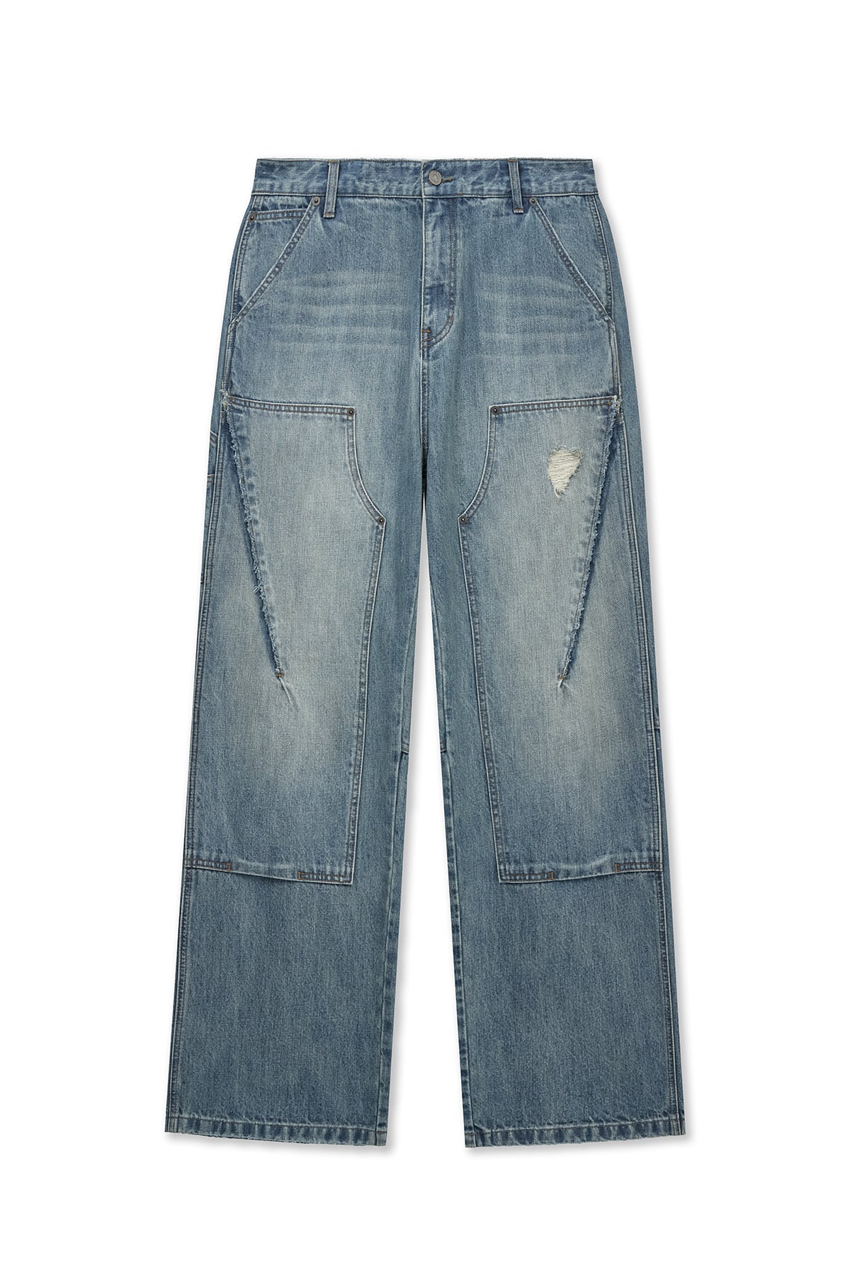 [matinkim] VINTAGE WASHED DOUBLE KNEE DENIM PANTS FOR MEN IN BLUE