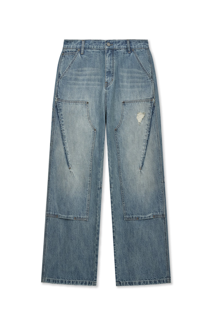 Matinkim Vintage Washed Double Knee Denim Pants For Men IN Blue