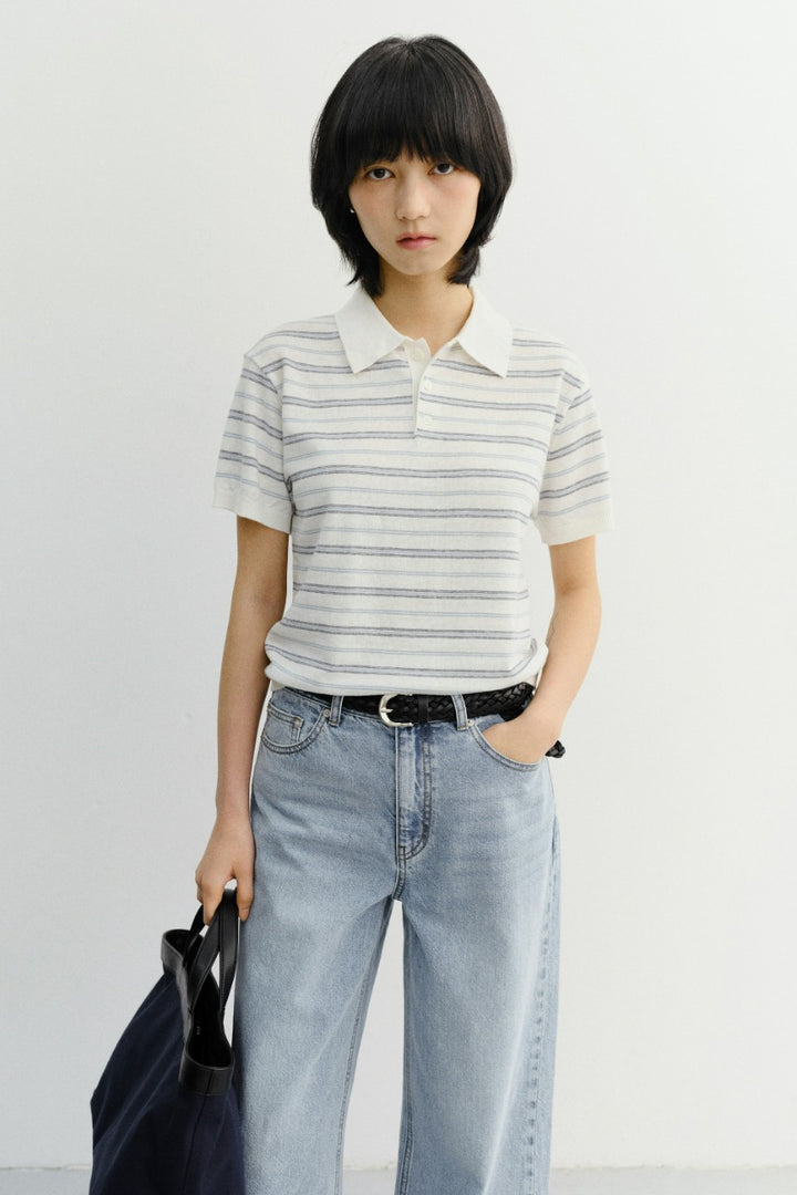 Dunst Unisex Striped Polo Knit White Soft Blue