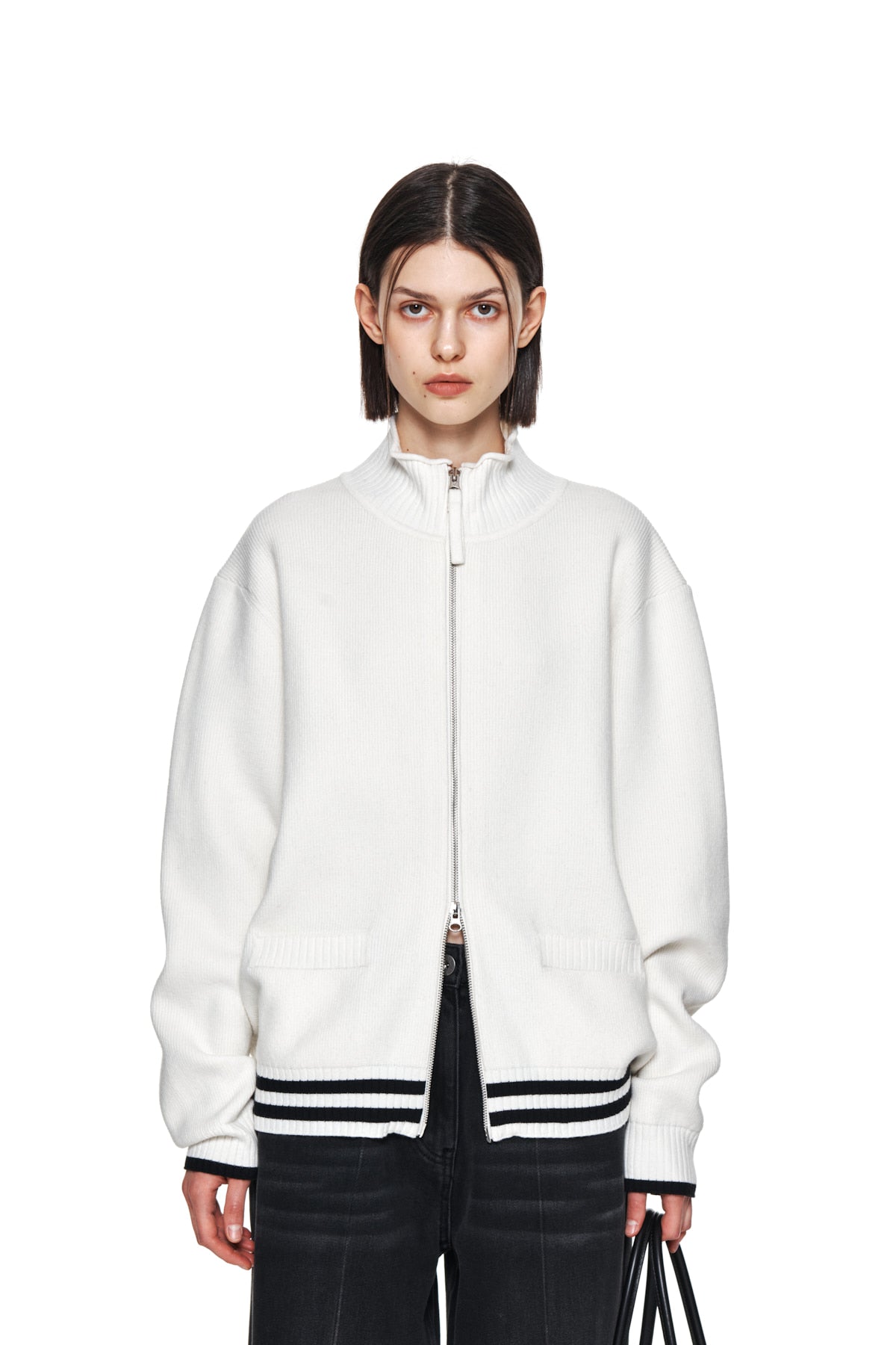 [matinkim] SPELL POINT STRIPE WOOL BLENDED KNIT CARDIGAN IN IVORY