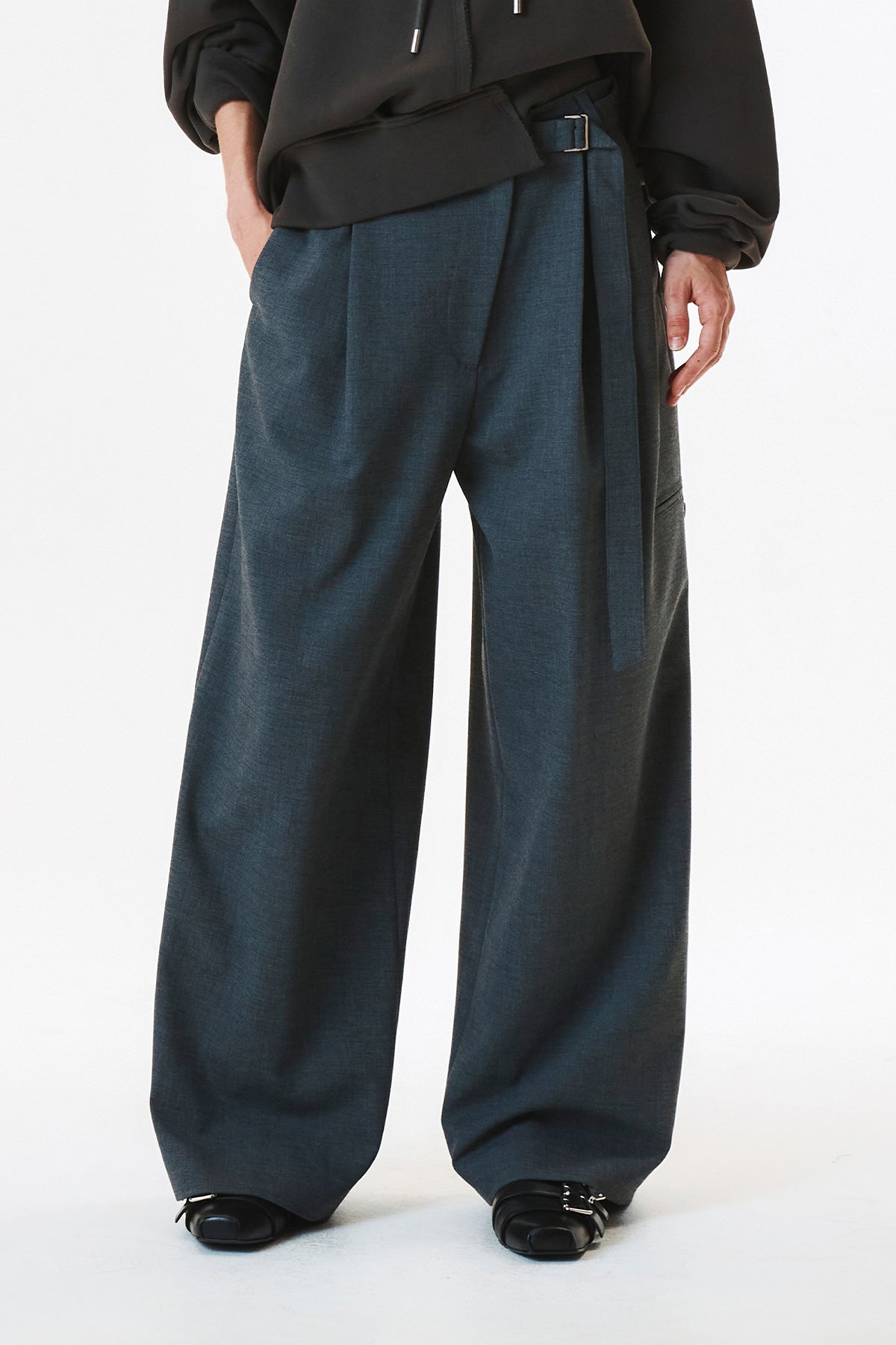 Matinkim Diagonal Zipper Belted Pants IN Grey