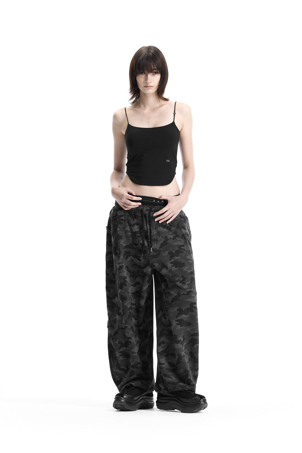 Treemingbird Camo Double Waist Sagging Sweat Pants Charcoal