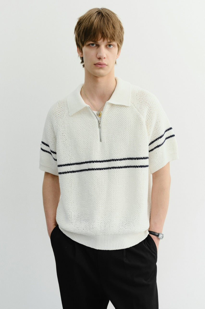 Dunst Half Zip-Up Striped Polo Knit White