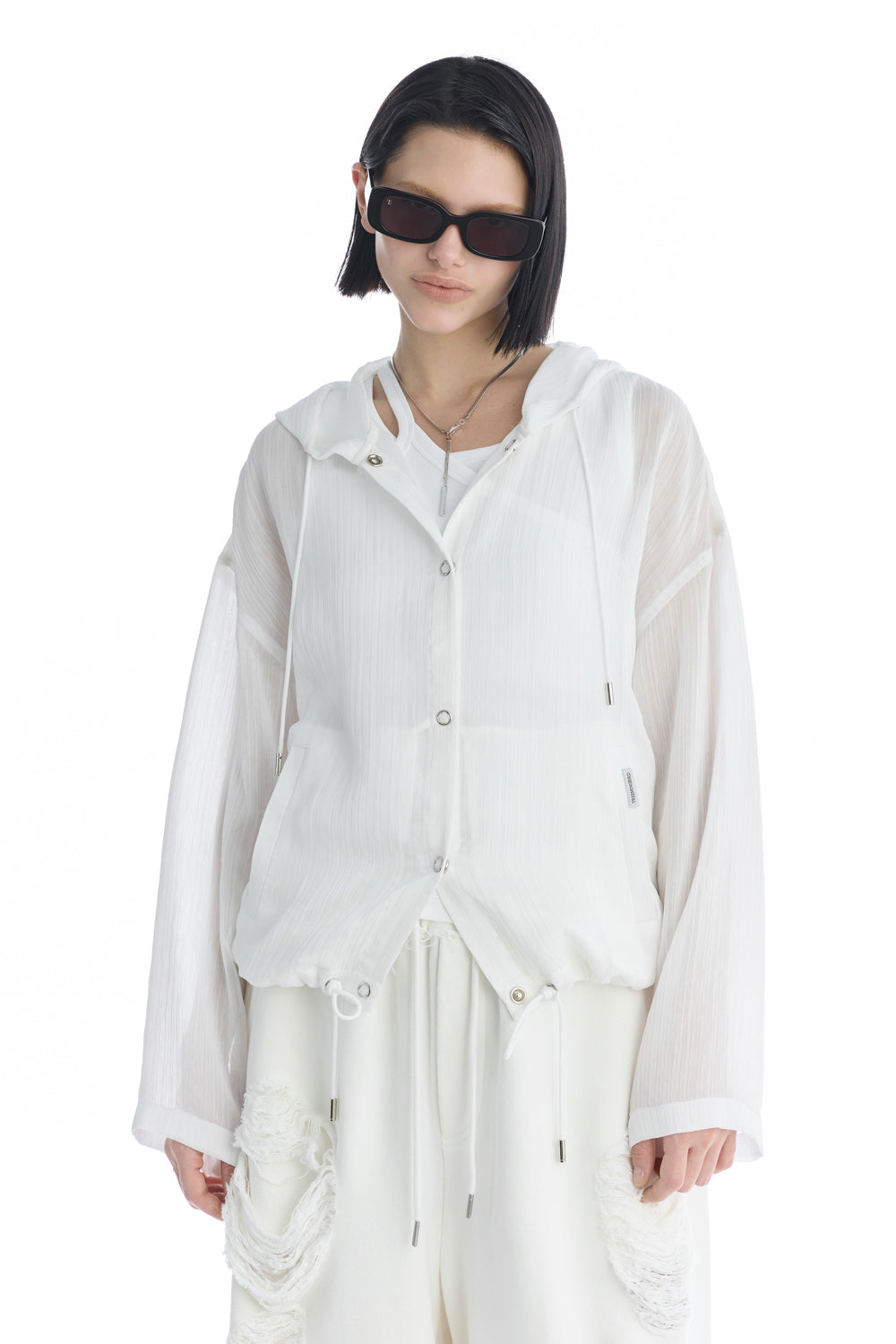 Treemingbird Sheer Hooded Snap Jacket White