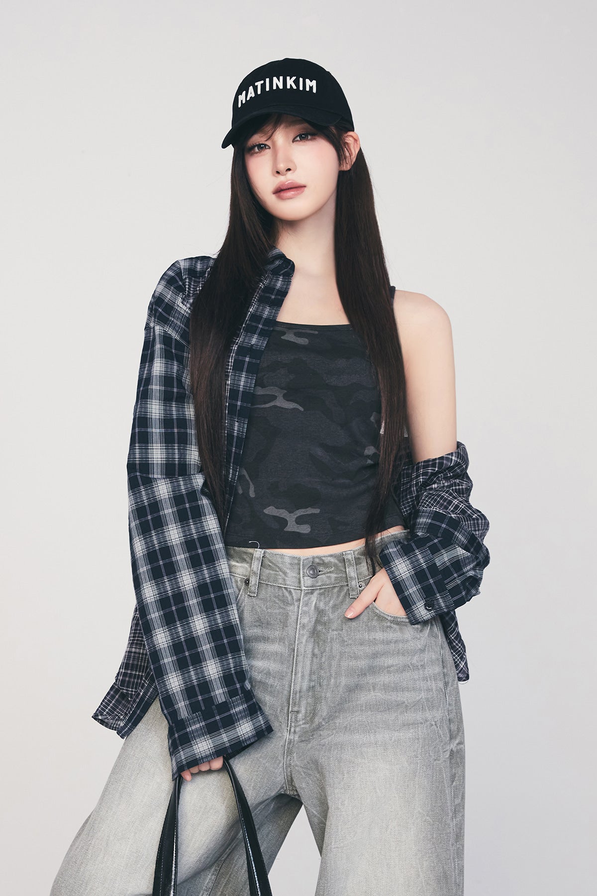 Matinkim Mixed Check Over Fit Shirt IN Navy