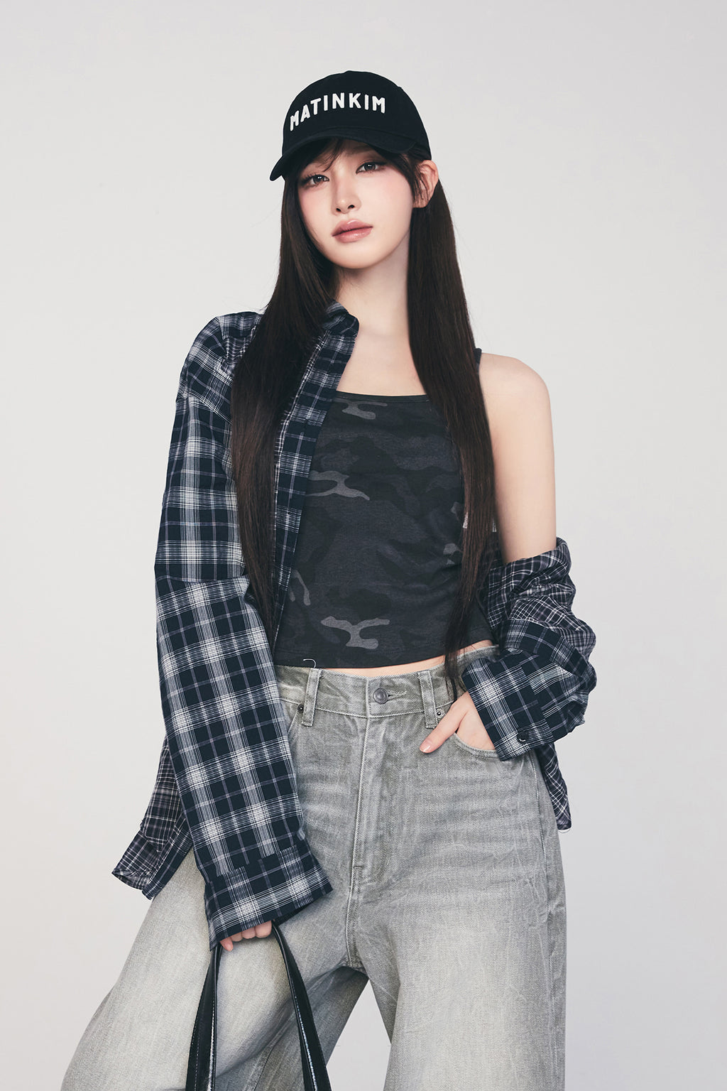 Matinkim Mixed Check Over Fit Shirt IN Navy