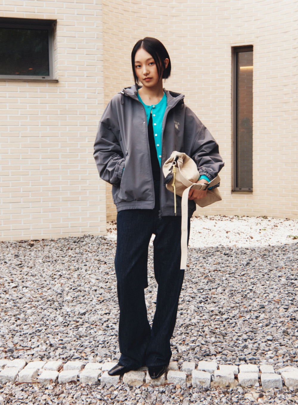 [satur] Teo Nylon Fleece Hood Jacket - Charcoal